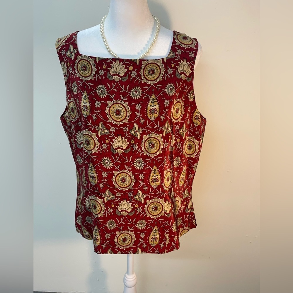 Charter Club New With Tags NWT 100% Silk Blouse Sleeveless Floral Red Gold 14